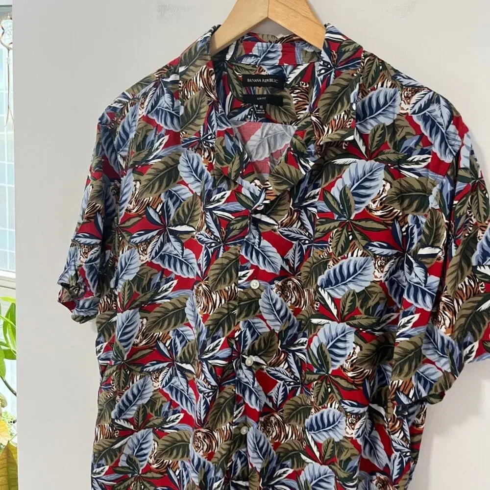 Banana Republic Men's Hawaiian Palm Leaf Print Button Up Top Size Large